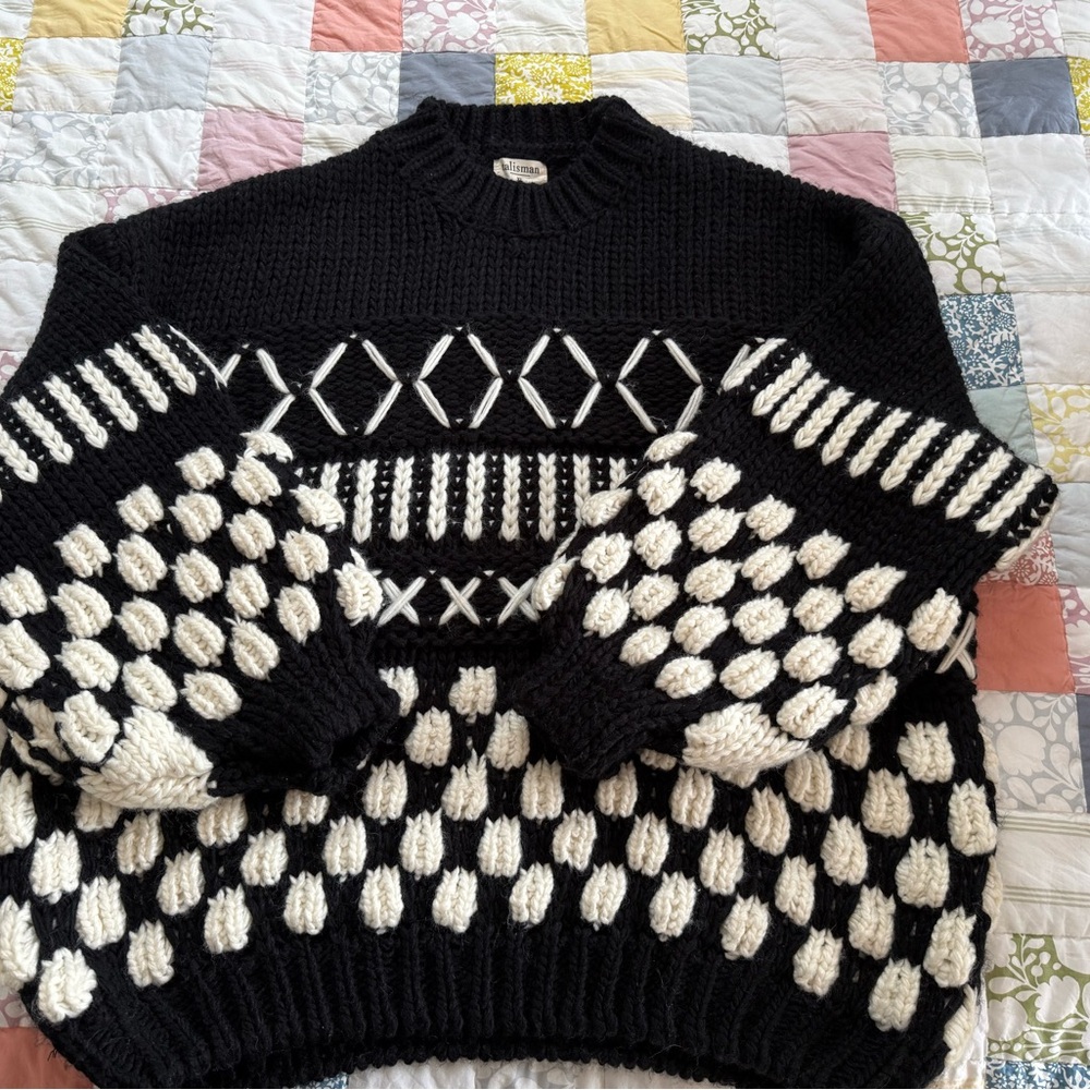 Sundance Black and White Hand knit mock neck Sweater